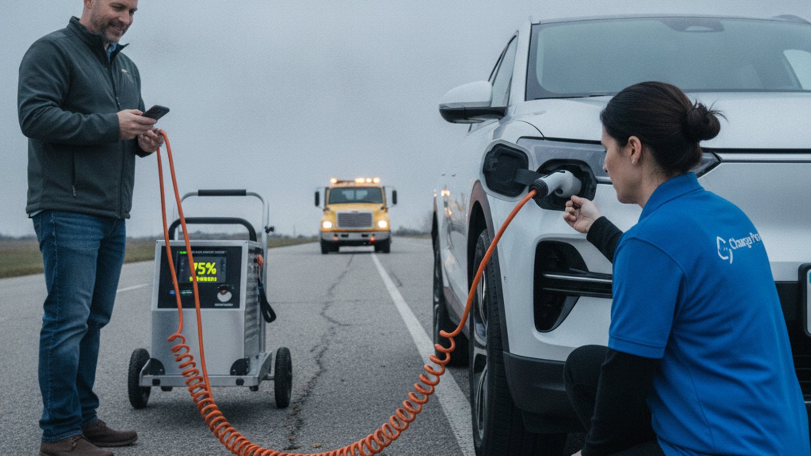 Electric car on a paved shoulder with a flatbed truck lined up behind it
