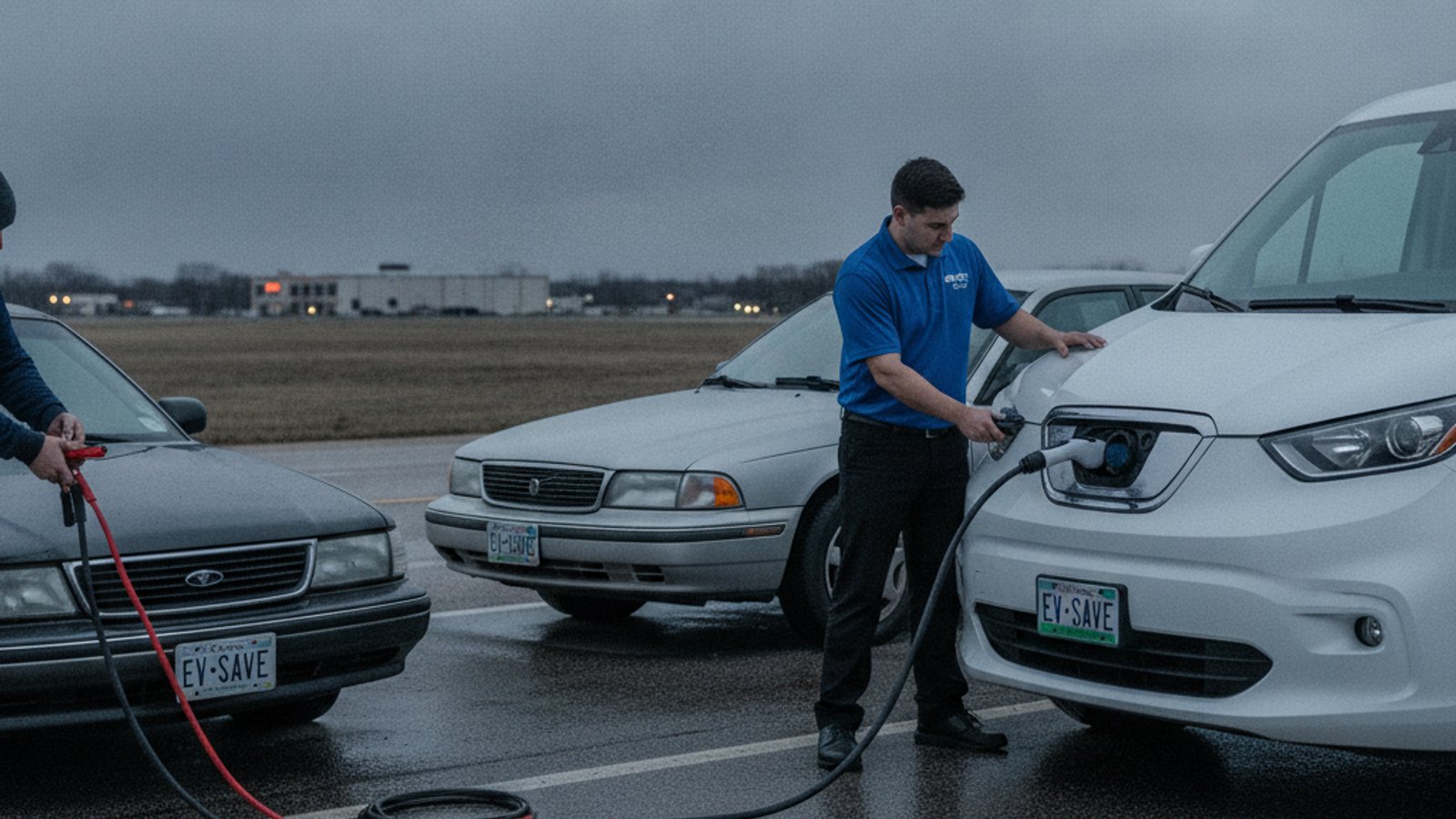 Two cars on a paved street with jumper cables running between open hoods