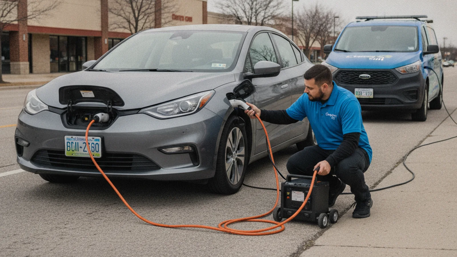A parked electric car on a paved shoulder with a charging cable at the port