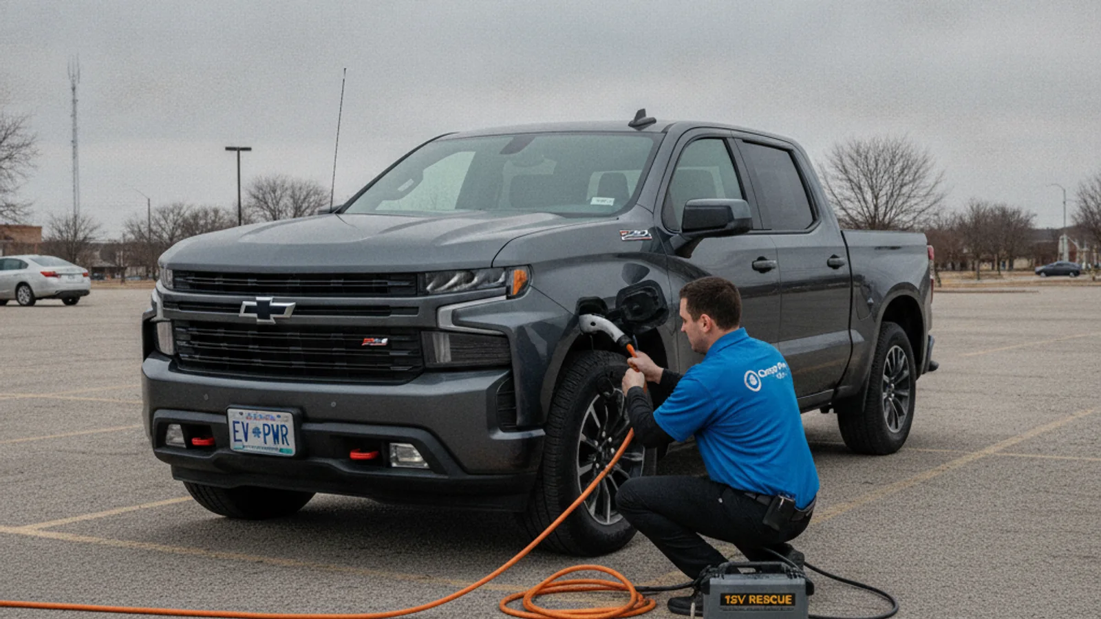An electric pickup at the roadside with a dark cabin and no dash lights, as if the 12-volt system has shut down.