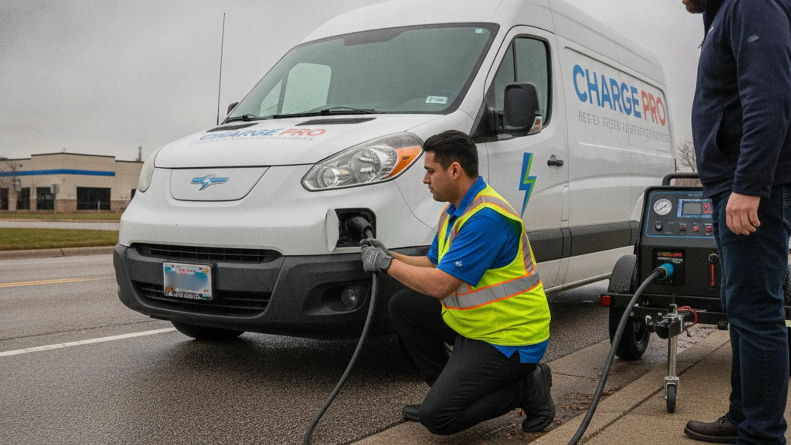 A technician connecting a portable charger cable to a stalled electric van on a paved lot
