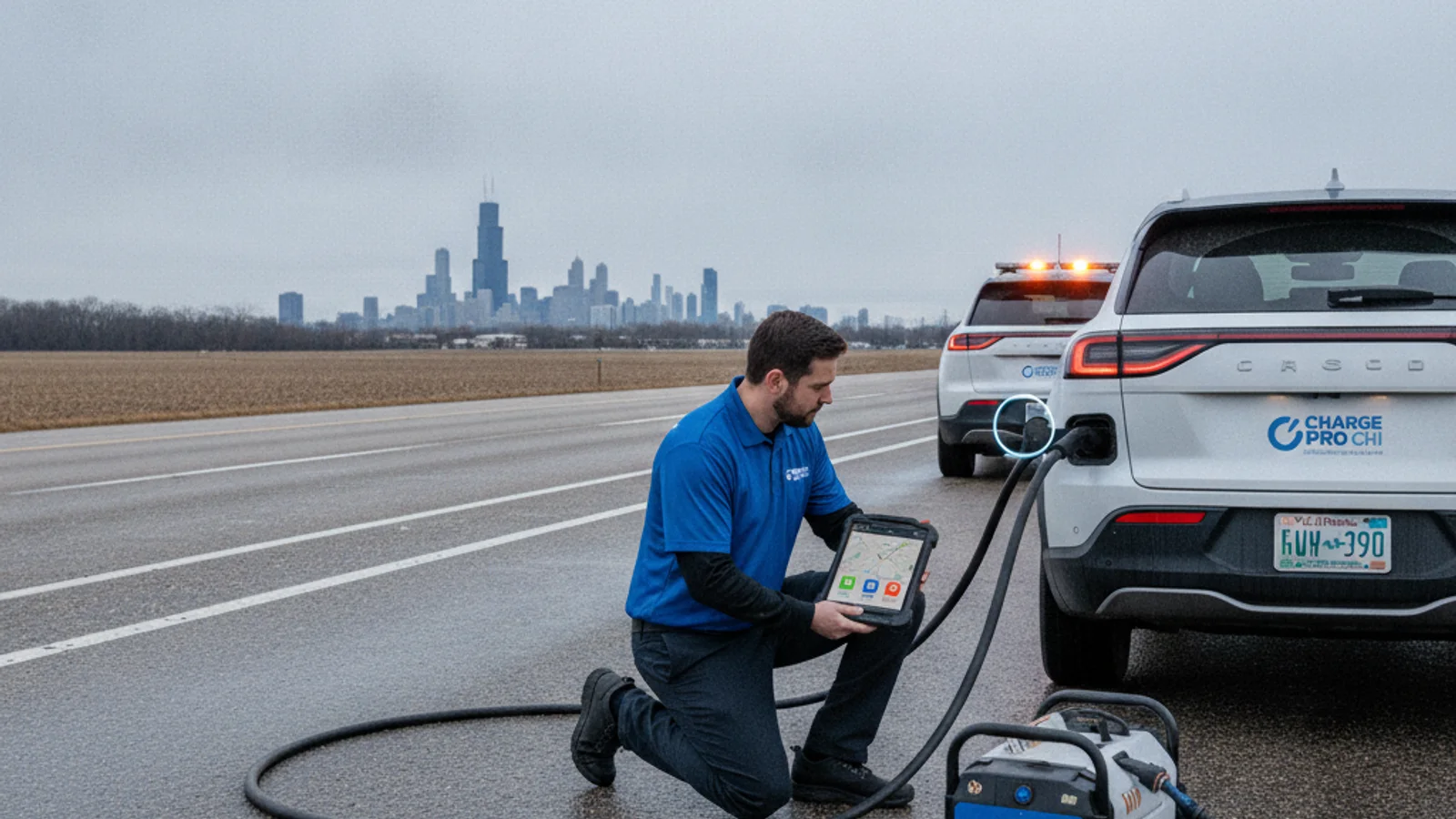 An EV driver checking charging map icons on a phone beside a parked car