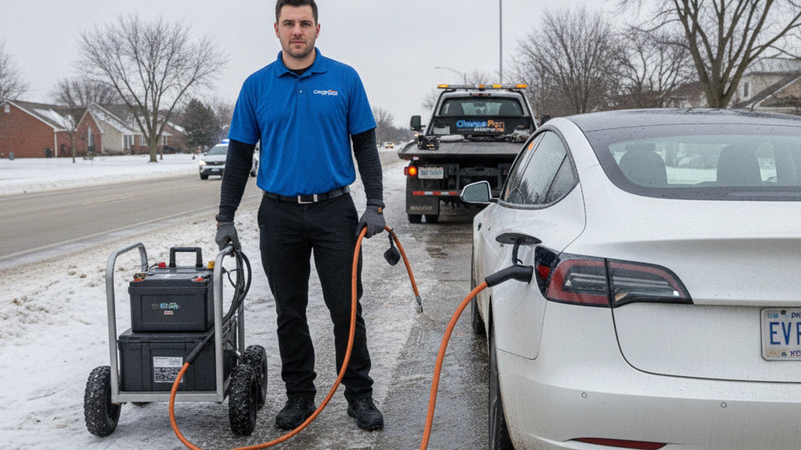 An electric car stopped on a paved shoulder with a charging van parked behind it