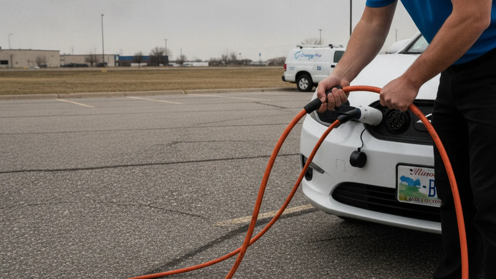 A charging cable connected to an EV beside a work van on pavement