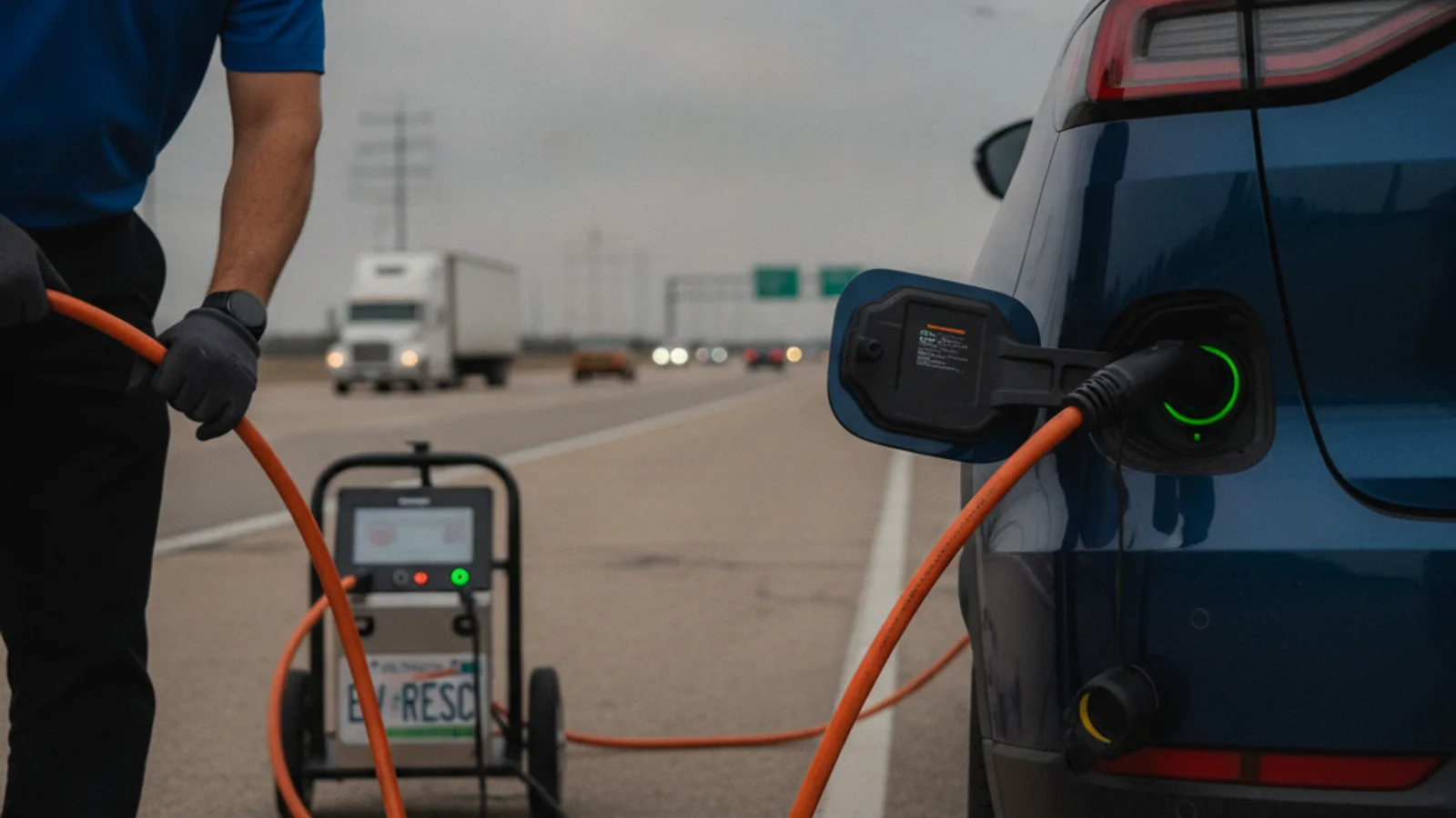 A mobile charging truck parked behind an EV on a highway shoulder with traffic cones nearby