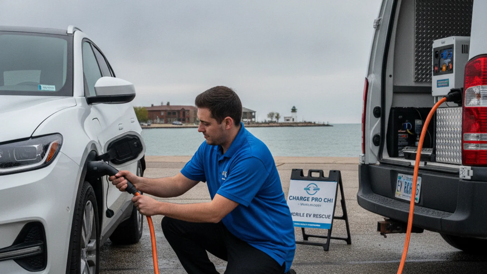 A roadside van parked behind an electric car with a charging cable at the port
