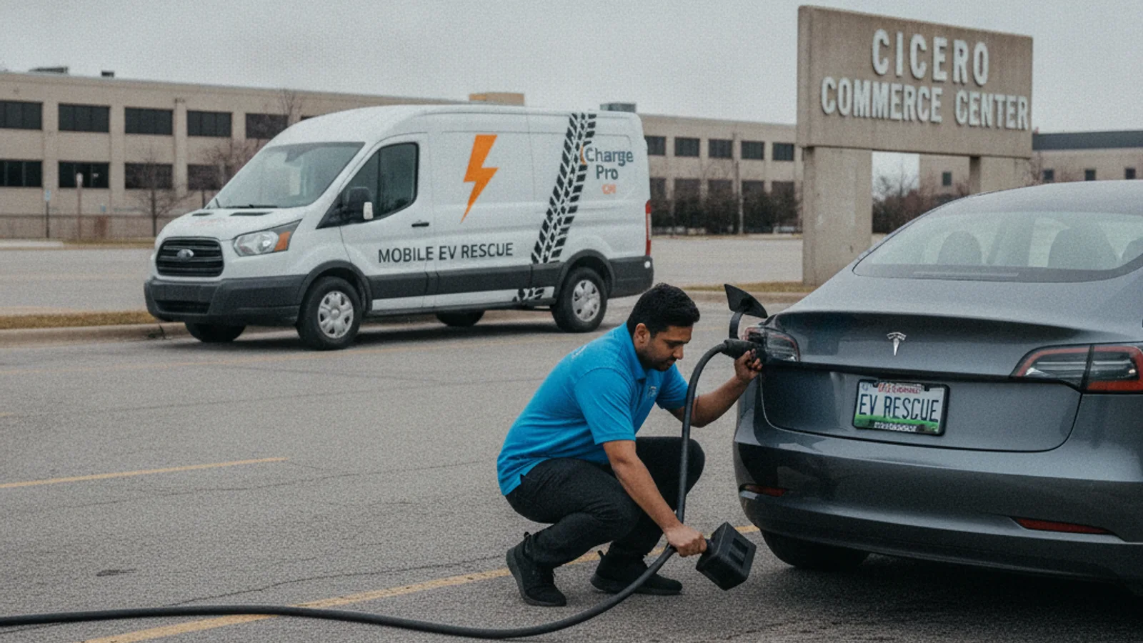 An electric car stopped on a paved shoulder with a driver standing beside the closed door