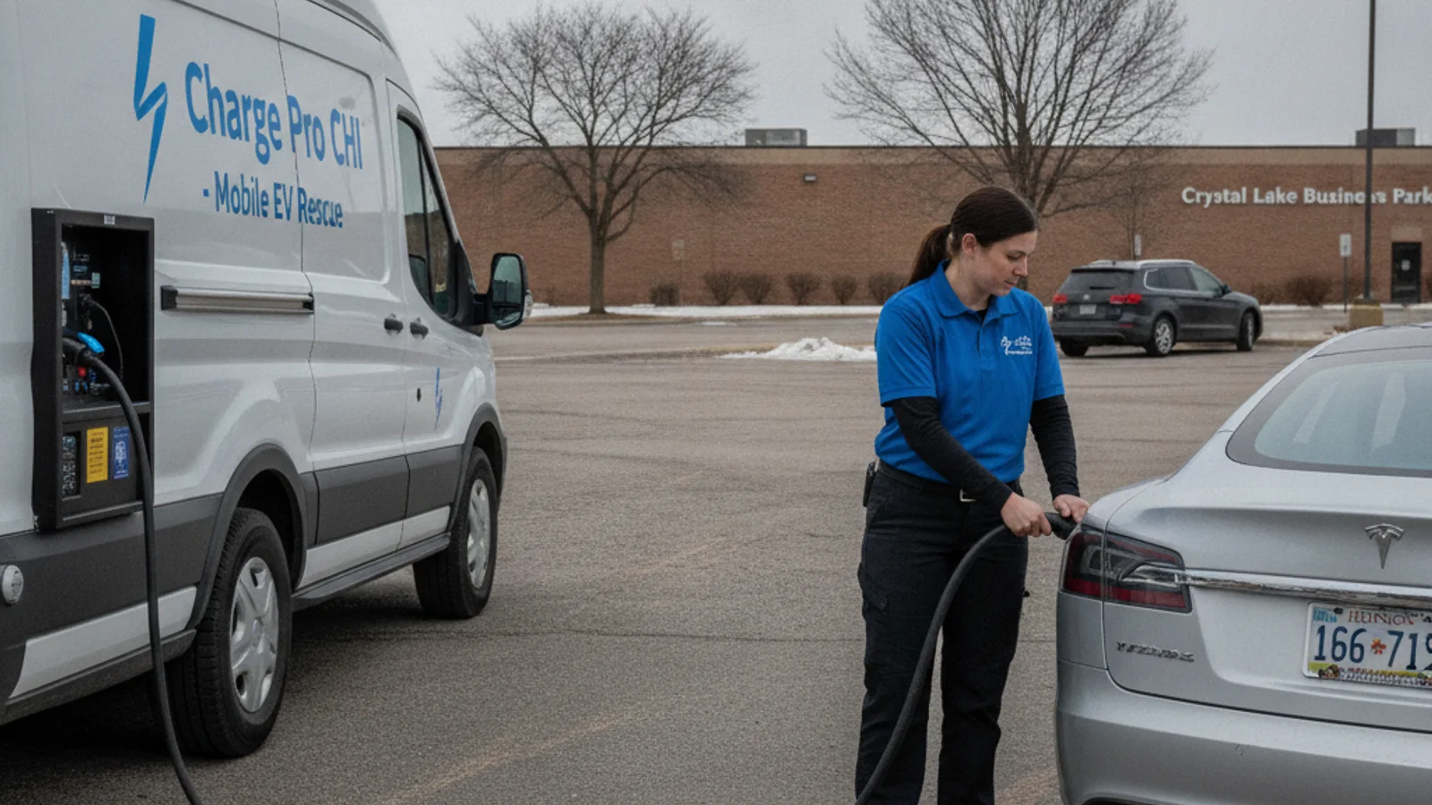 Hyundai Ioniq 5 stopped on a highway shoulder as a mobile EV charger truck approaches