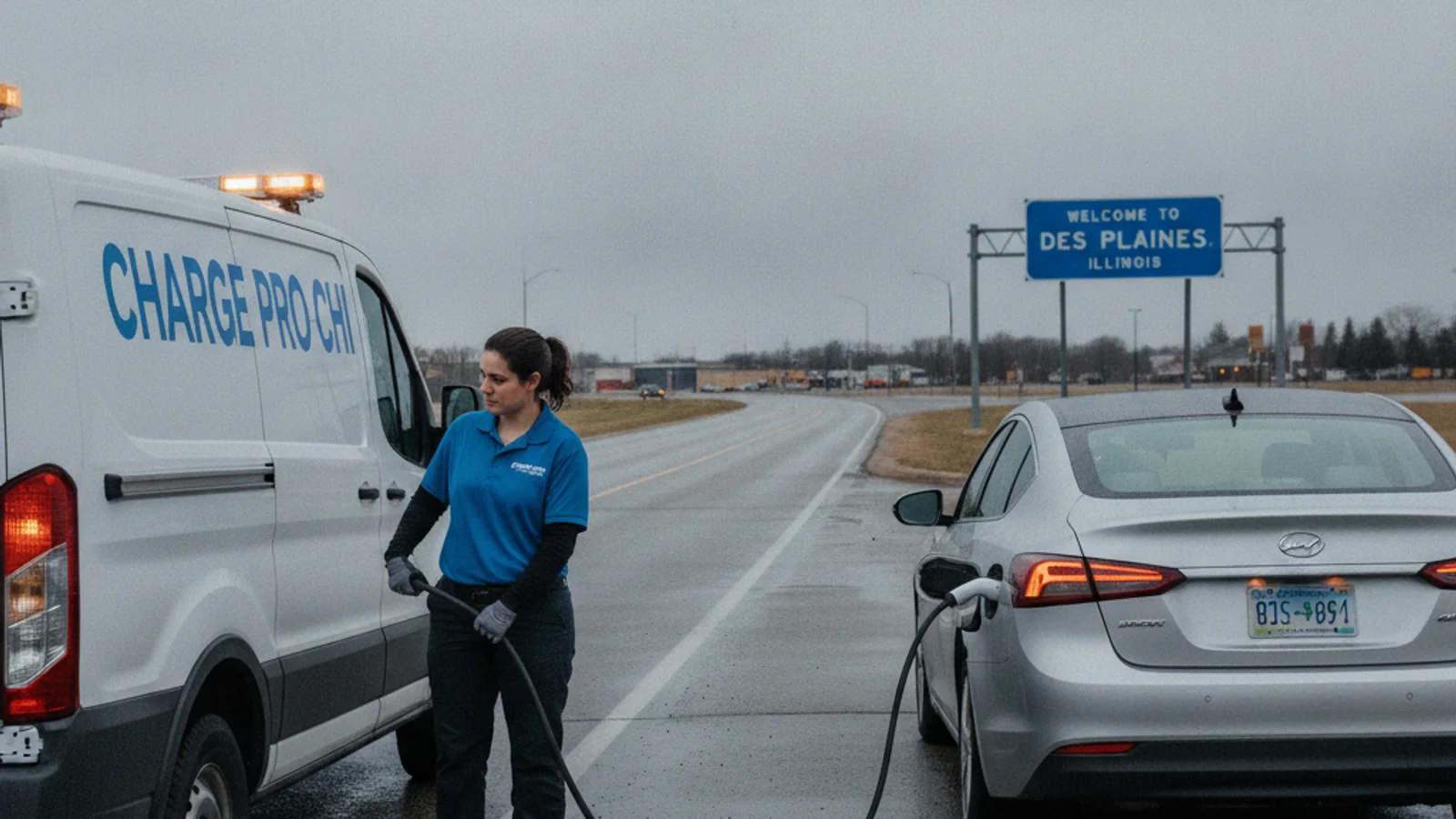 Mobile charging van on a highway shoulder next to a stalled electric SUV at dusk