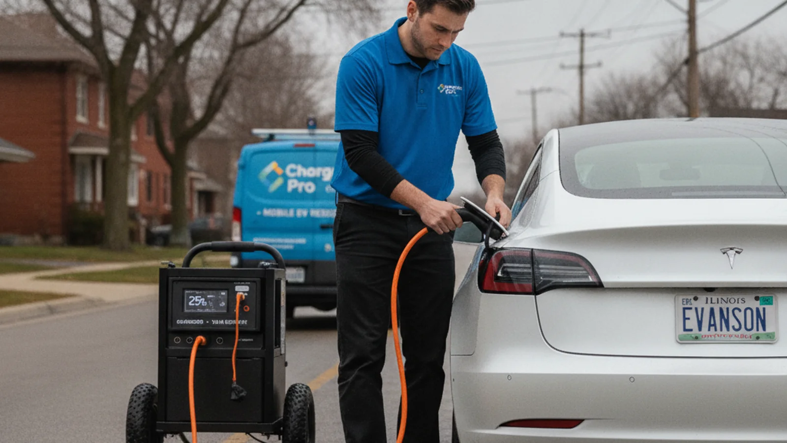 A charging cable being connected to an electric car on a residential street