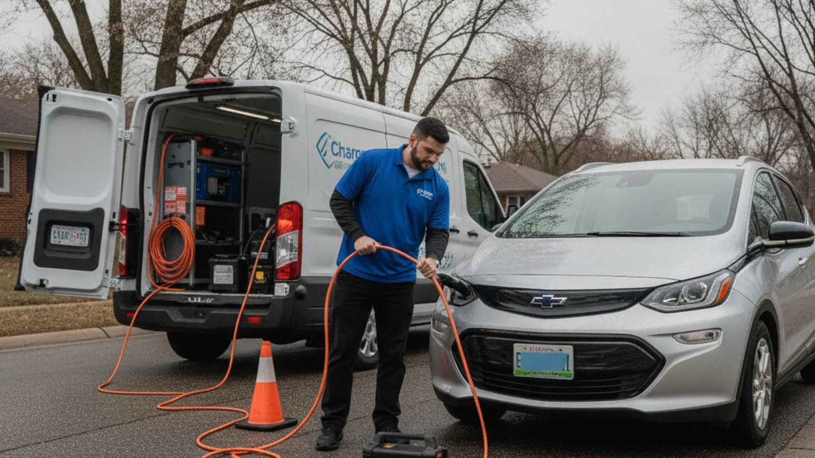 An electric car stopped on a paved shoulder with a rescue van parked behind it