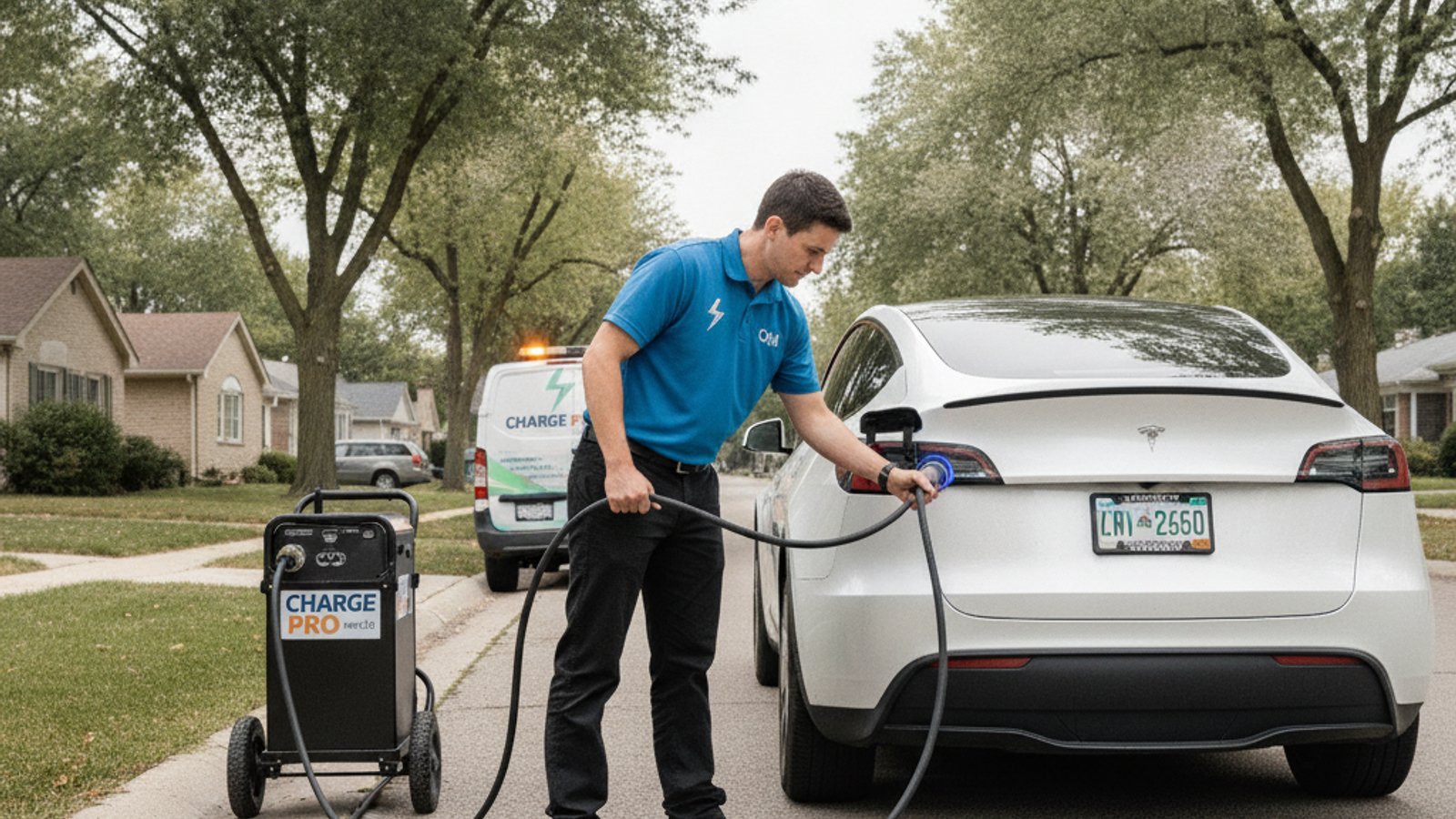 A dark-colored electric car parked on a paved roadside with a person waiting by the driver's door