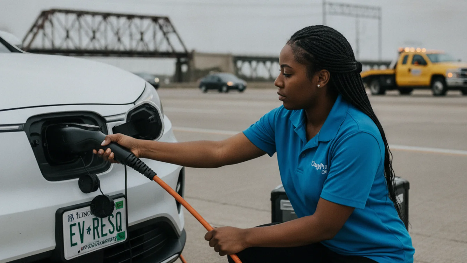 A technician connecting a charging cable to an electric van in a paved industrial lot