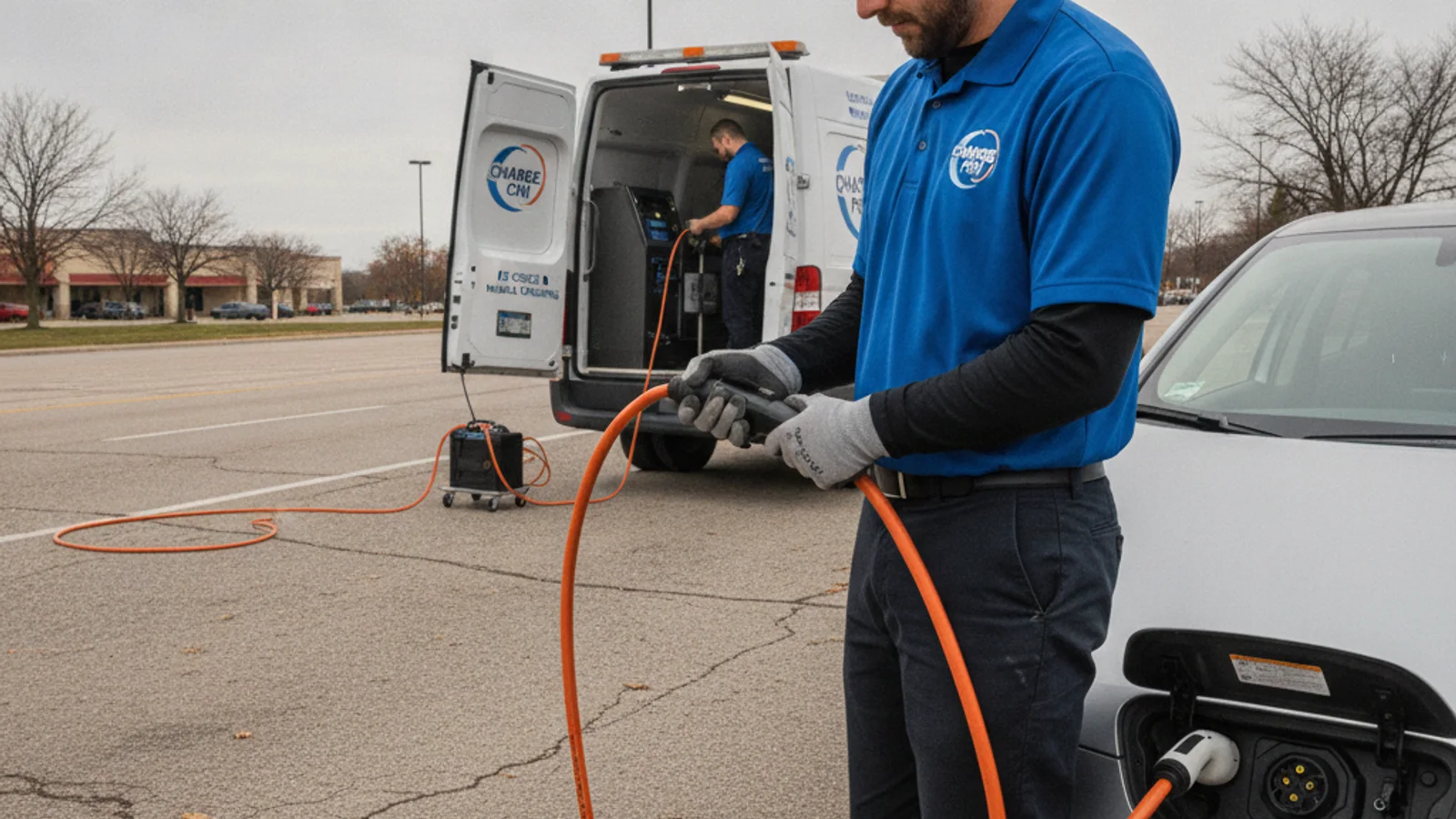 A service van parked on a downtown street with charging cables laid out toward a stalled EV