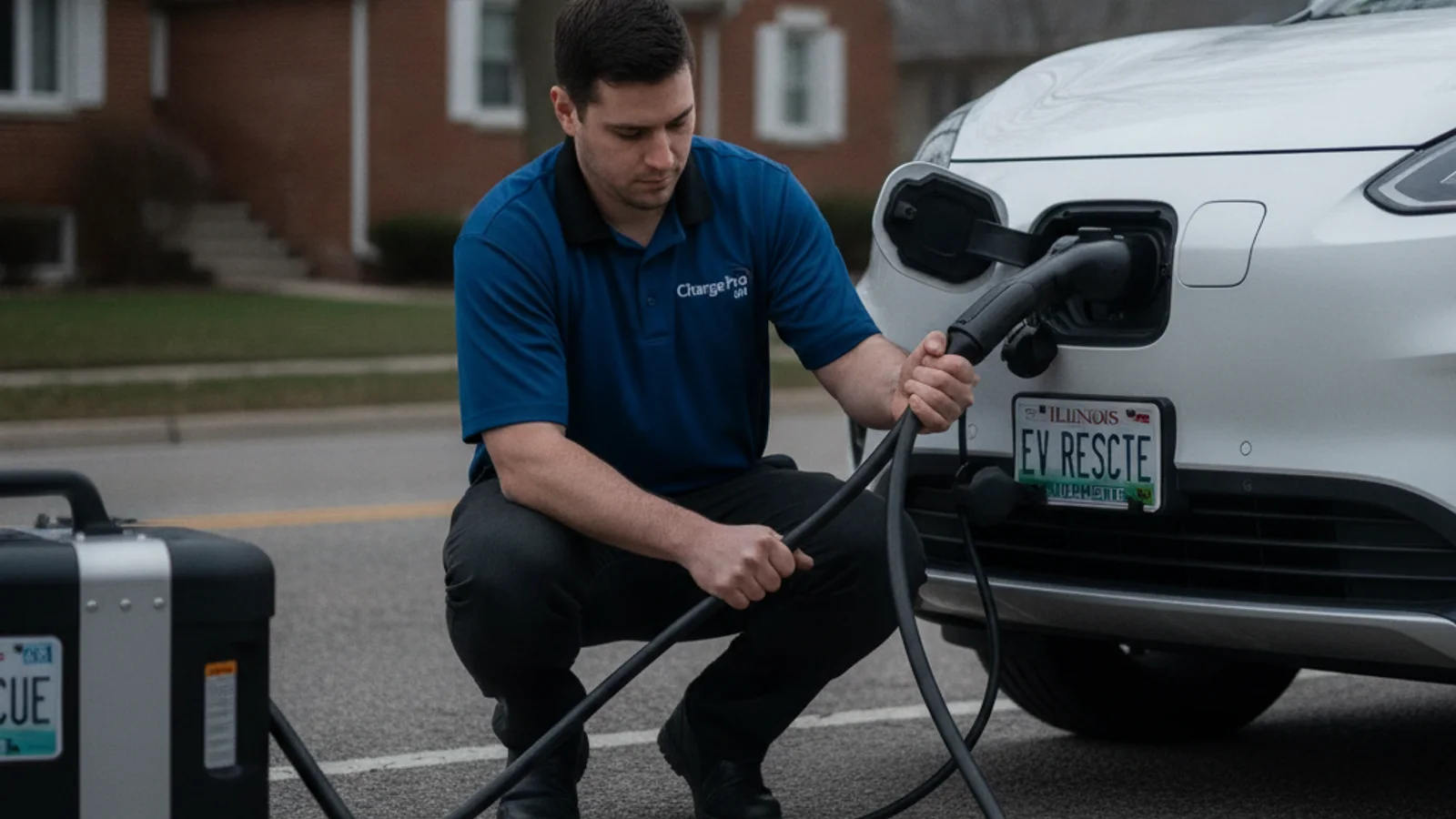 A charging cable lined up with an EV charge port beside a roadside utility vehicle