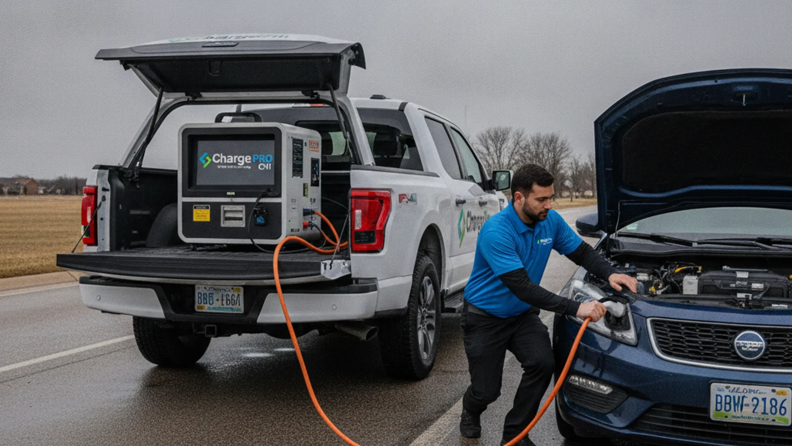 Pickup truck parked beside a stalled electric SUV with a charging cable running from the truck bed
