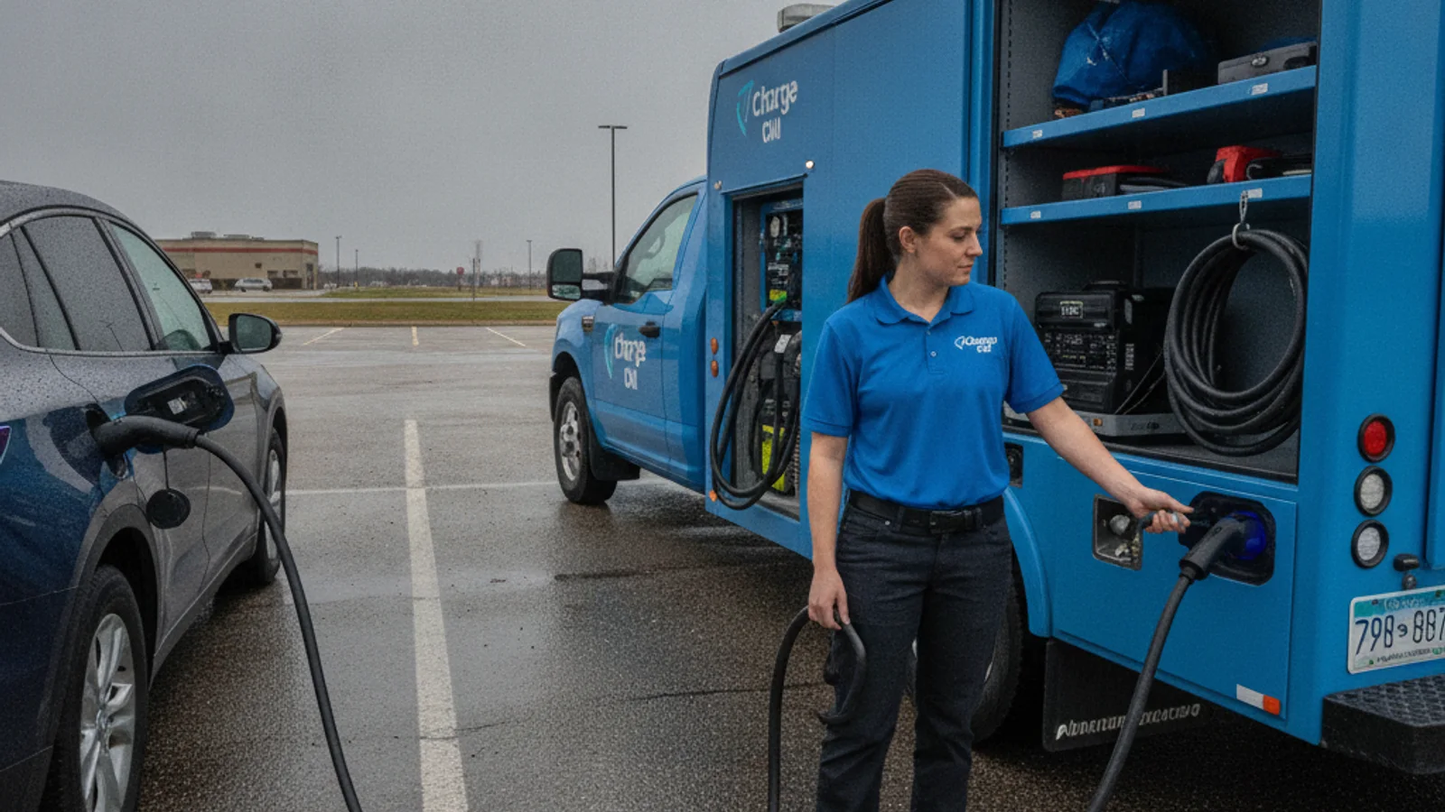 An electric car on a roadside shoulder with a charging cable connected to a nearby work van.