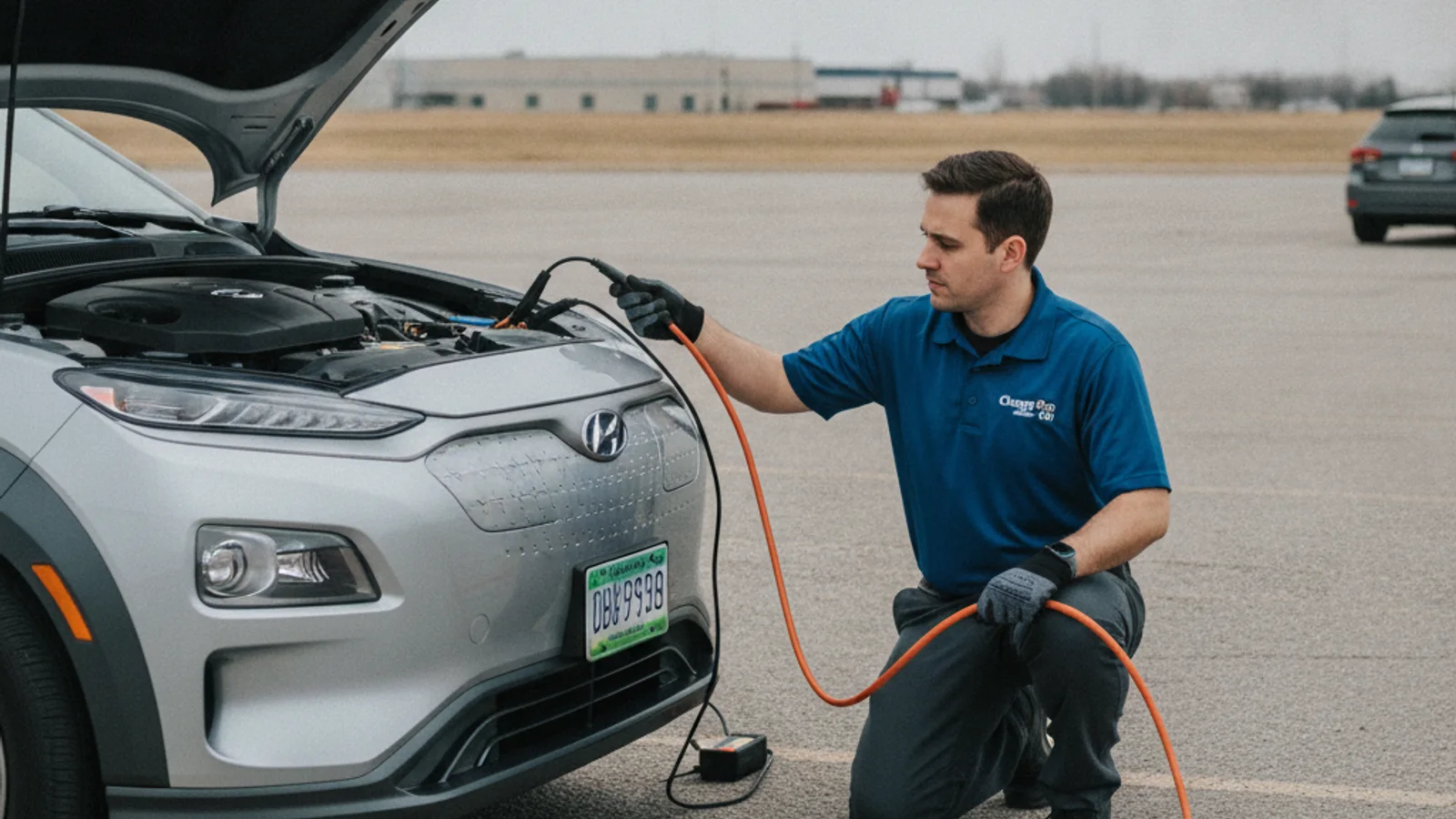Hyundai Kona Electric at the curb with a dark dashboard and the driver's door open