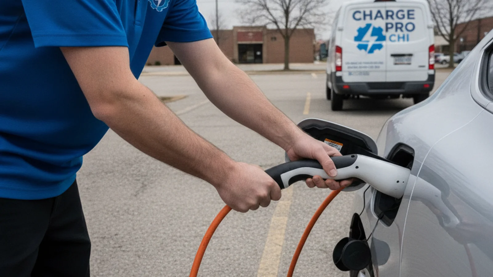 Gloved hands hold a charging plug next to an EV charge port on a parked car