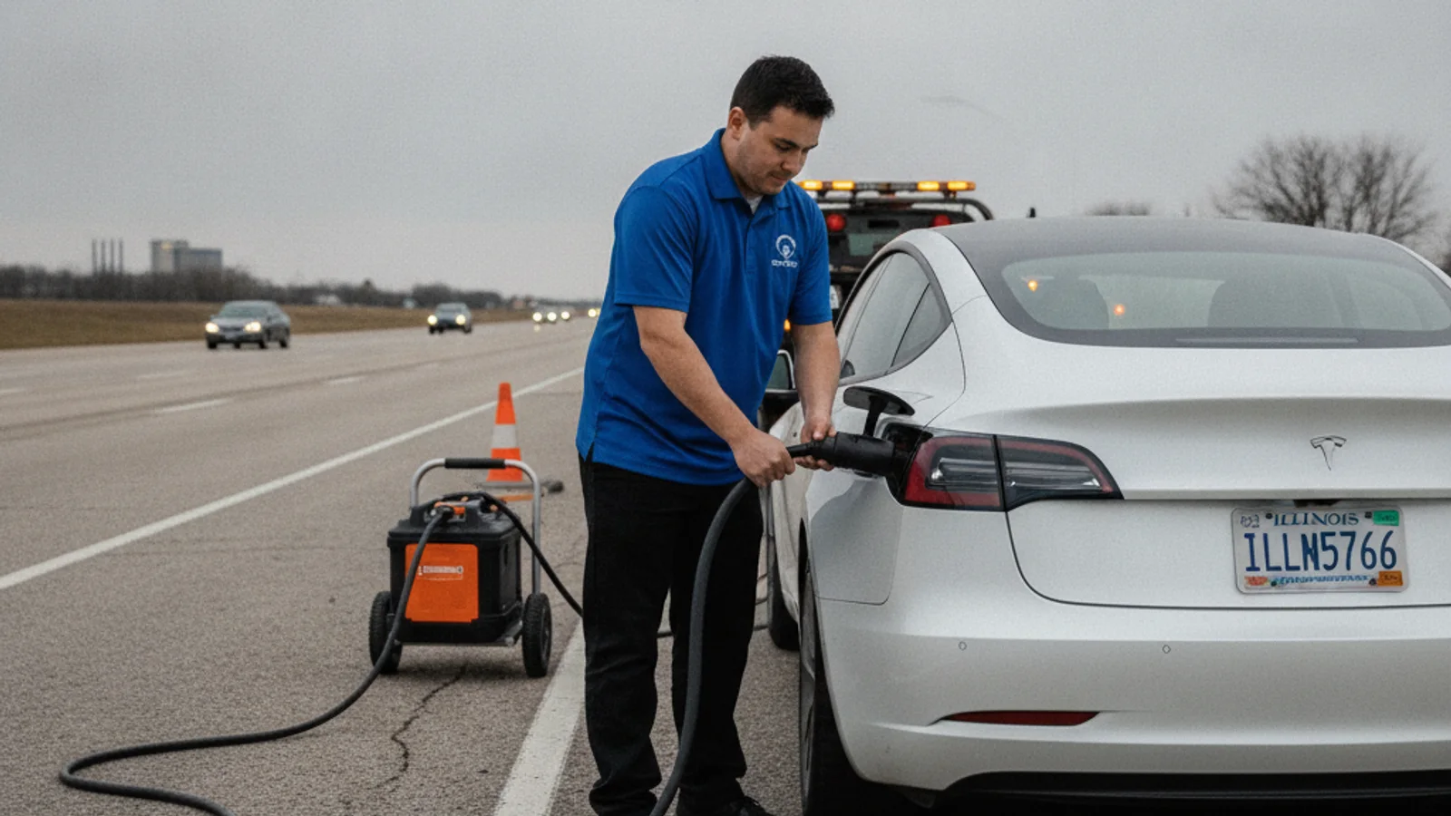 Electric vehicle stopped beside a highway with hazard lights on as a rescue van approaches