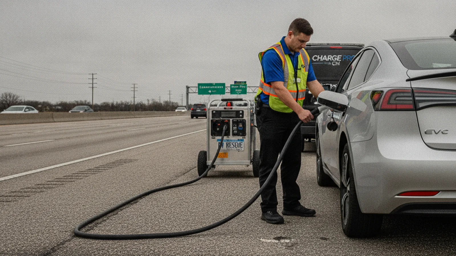 A stalled electric car on a highway shoulder with hazard lights on as a mobile charging van approaches
