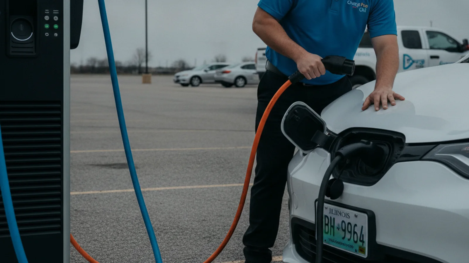 Charging cable and adapter plugged into an EV charge port during a mobile session
