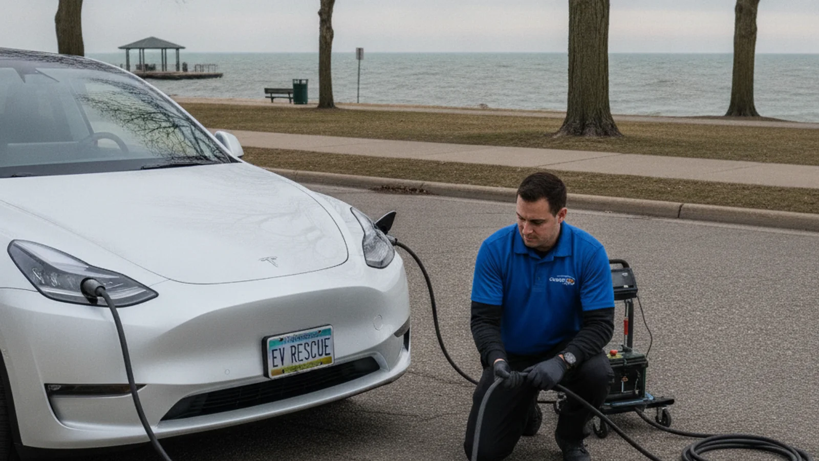 An electric car stopped on a paved shoulder with hazard lights on