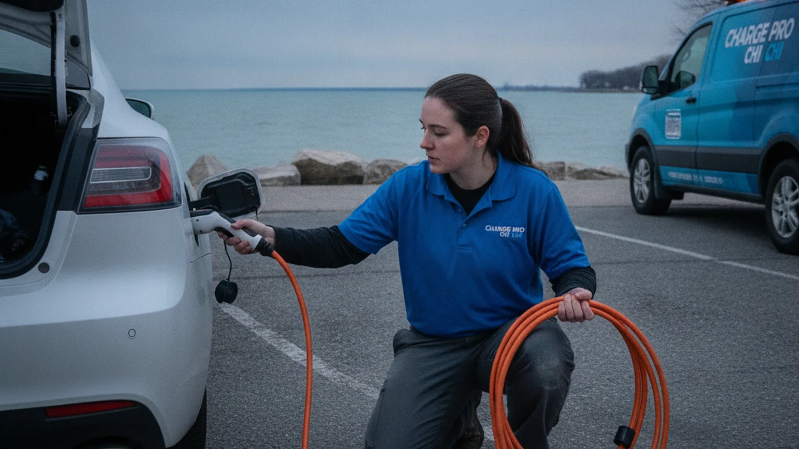 A technician connecting a mobile charger cable to an EV charge port