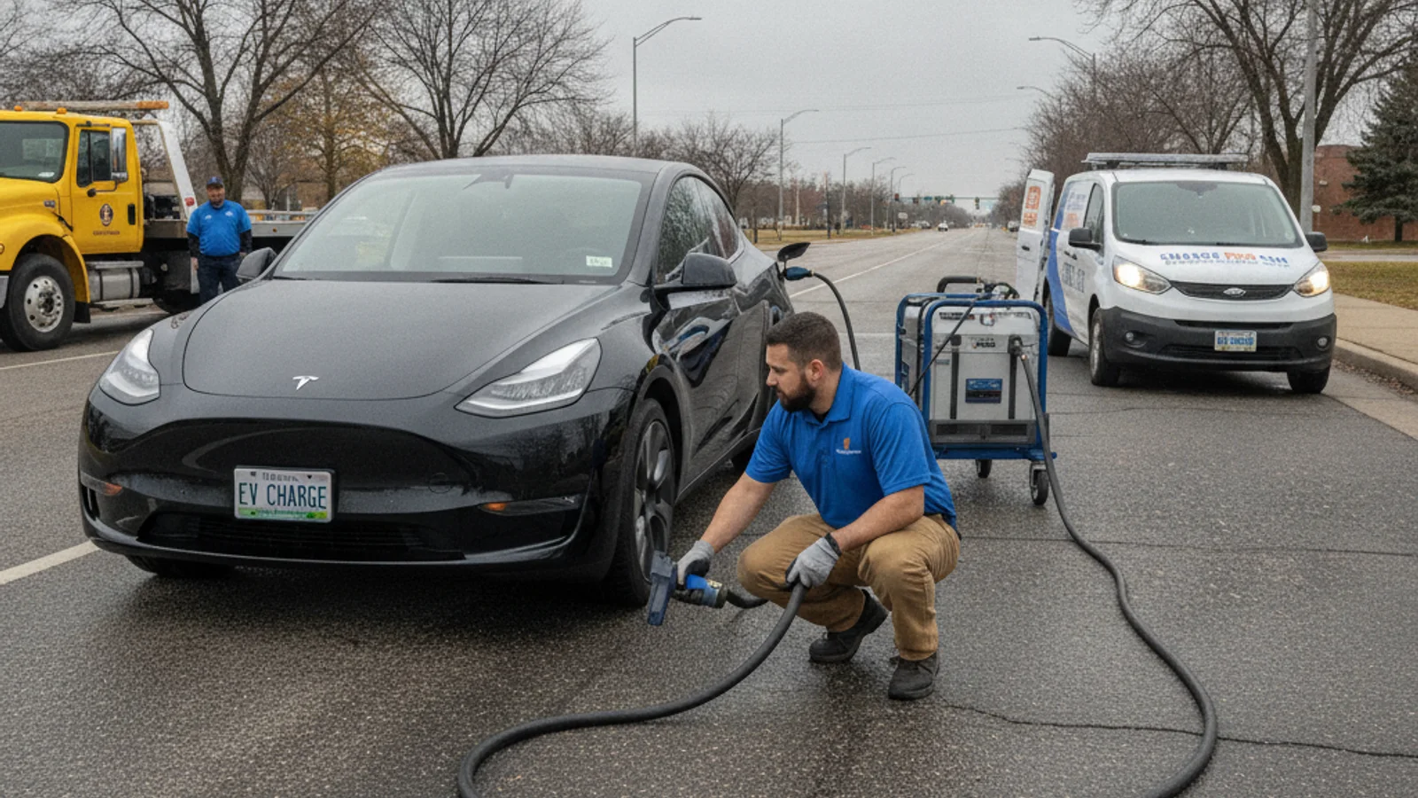 A white electric sedan on a paved shoulder with a technician standing at the charge port