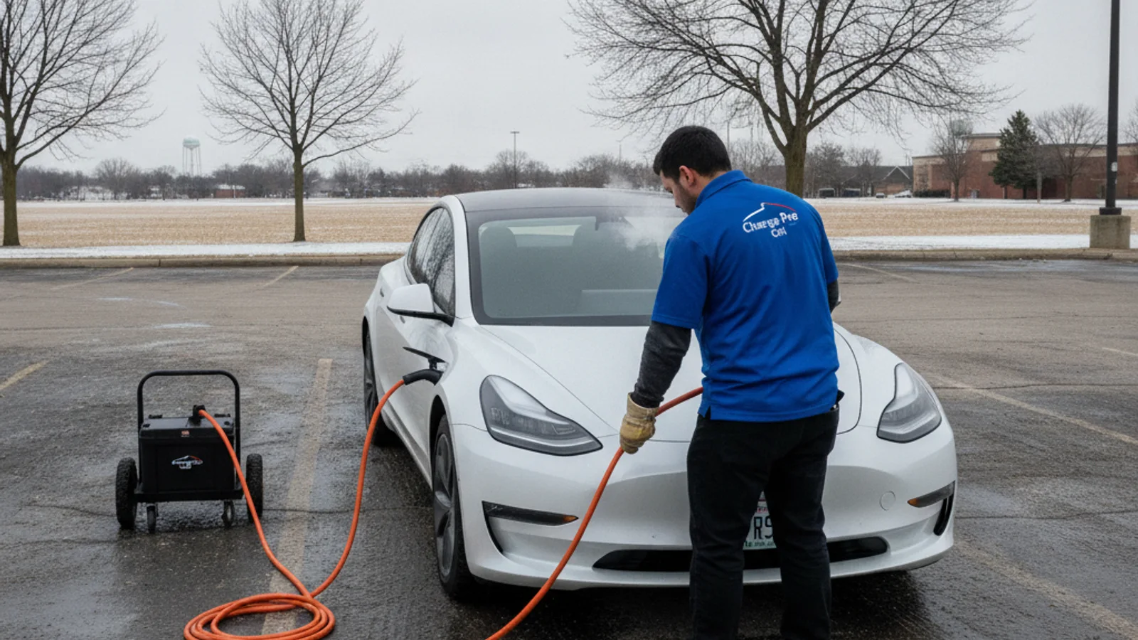 A Tesla driver checks remaining charge on the in-car display while parked