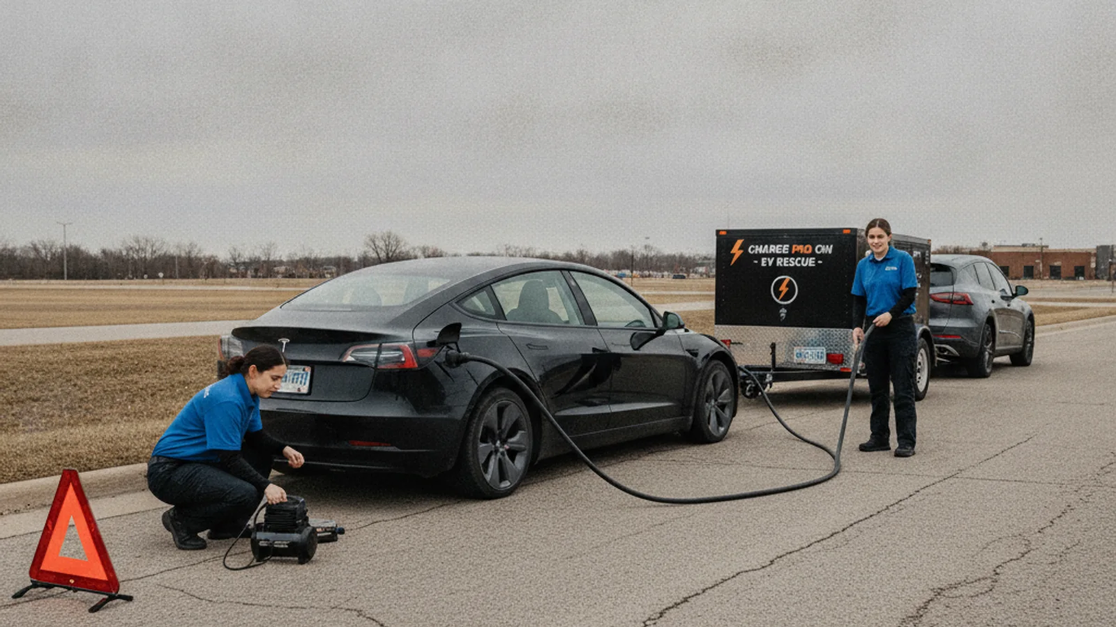 A Tesla with a flat tire parked on the shoulder of a Chicagoland highway