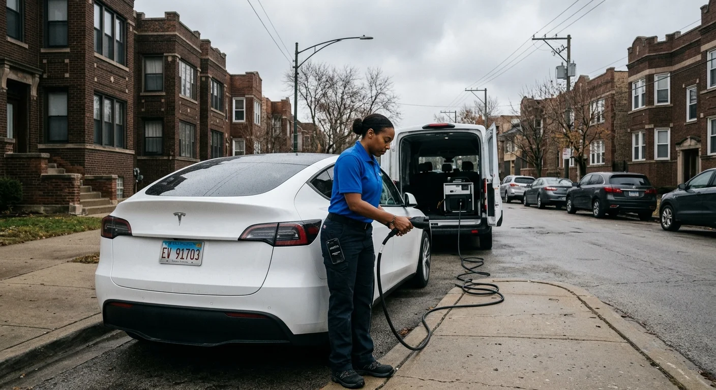 White Tesla Model Y parked at a Chicago curb on an overcast day