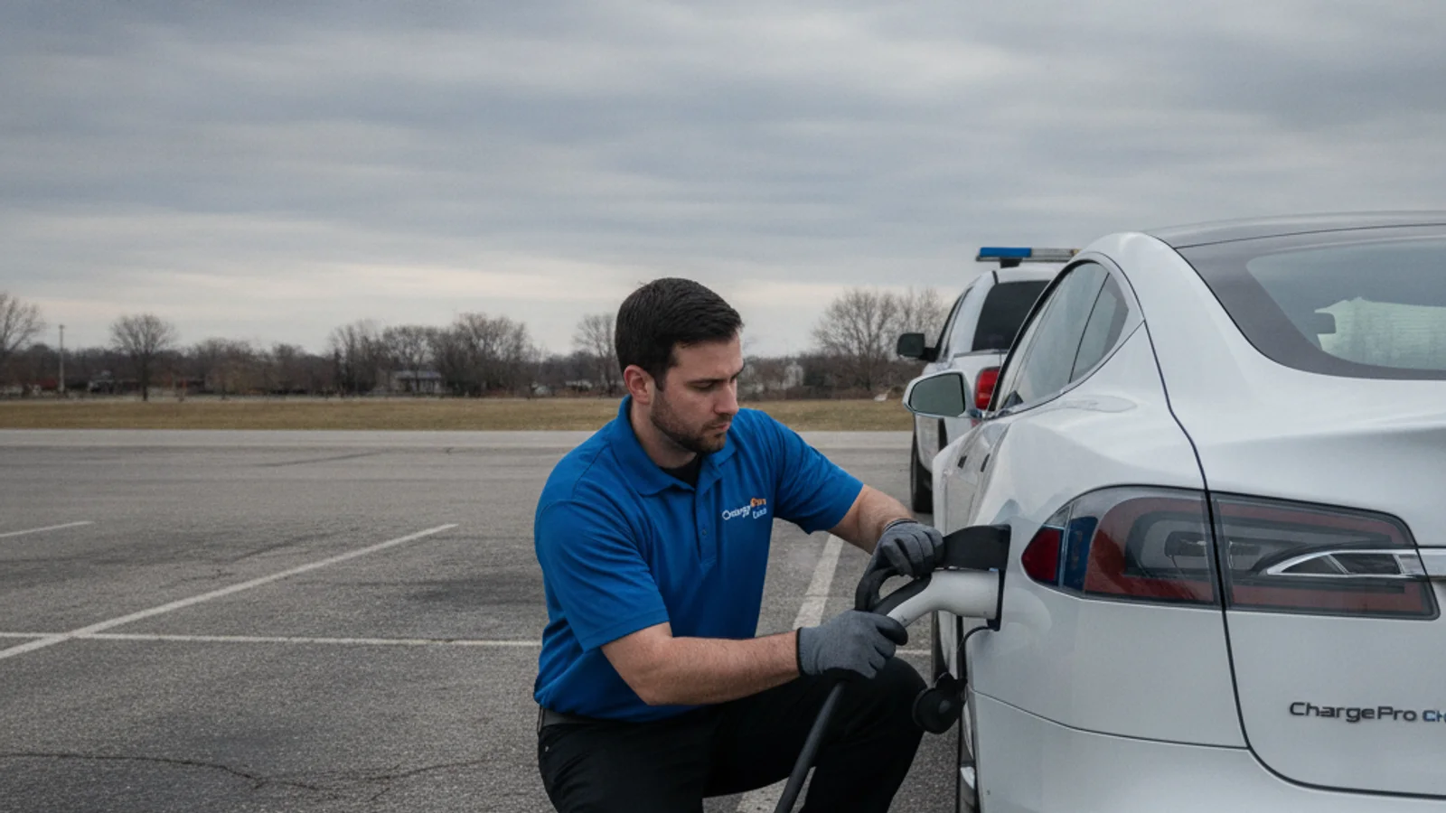 Operator connecting a mobile Level 2 charging cable to a Tesla parked on a residential street
