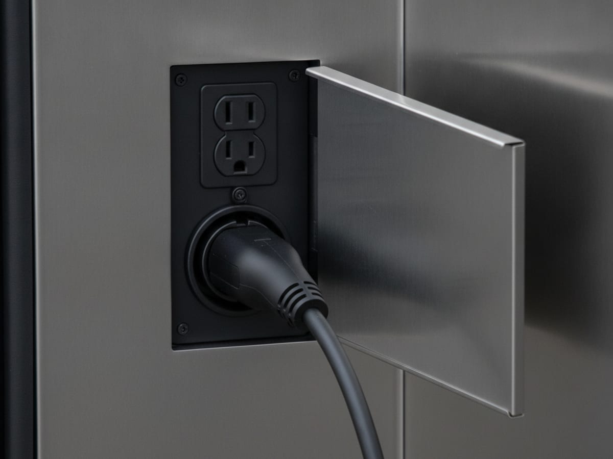NACS charging cable plugged into the 240V NEMA 14-50 outlet on the inner rear-driver-side bed wall of a Cybertruck, cable routed out of frame toward a Tesla