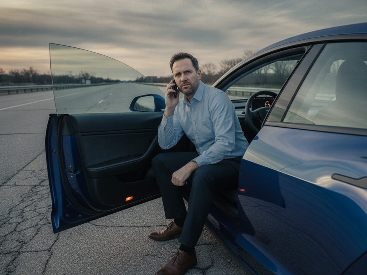 A mobile EV rescue technician plugging a NACS cable into a stranded Tesla Model 3 parked on a Chicagoland road